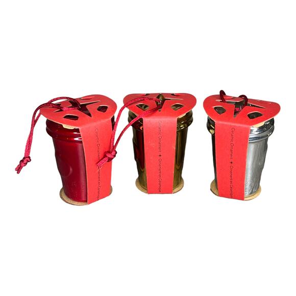 VTG Set (3) Ceramic Metallic Gold Red Silver STARBUCKS CUP ORNAMENTS 3" New - Picture 6 of 7